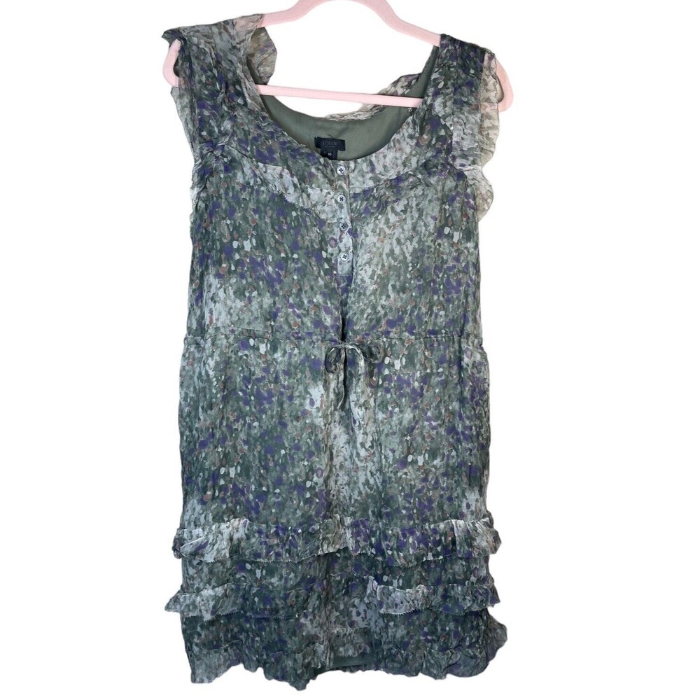 J Crew Collection Womens Green Purple Ruffles Sleeveless Silk Dress Size‎ 10
